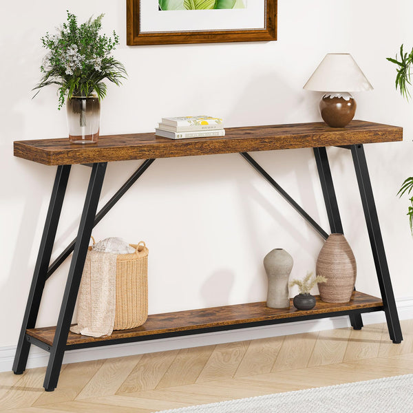 47-Inch 2-Tier Console Table with Storage Shelf – Rustic Brown