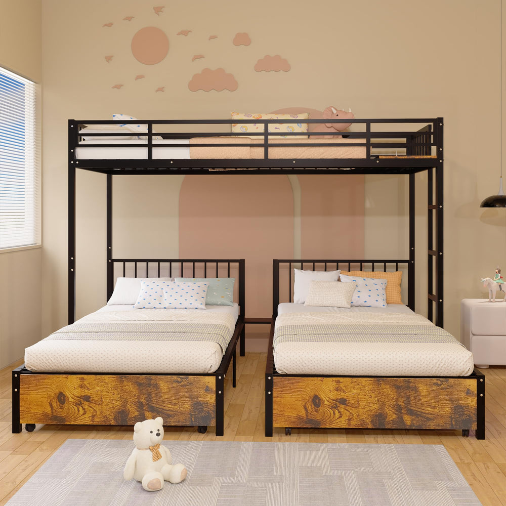 Triple Bunk Bed with Charging Station & LED Lights — Metal, Storage Drawers, Convertible