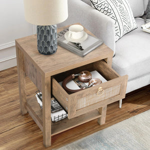 Rattan Farmhouse Nightstand Set of 2 with Drawer and Open Shelf