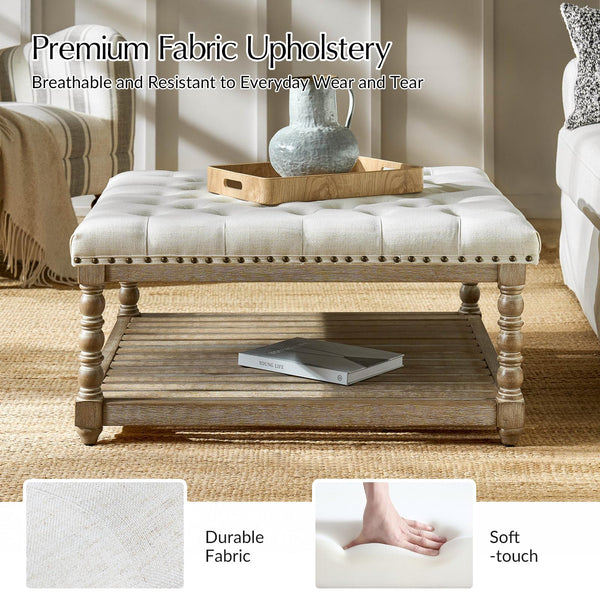 Upholstered Rectangular Ottoman with Spindle Legs & Storage Shelf
