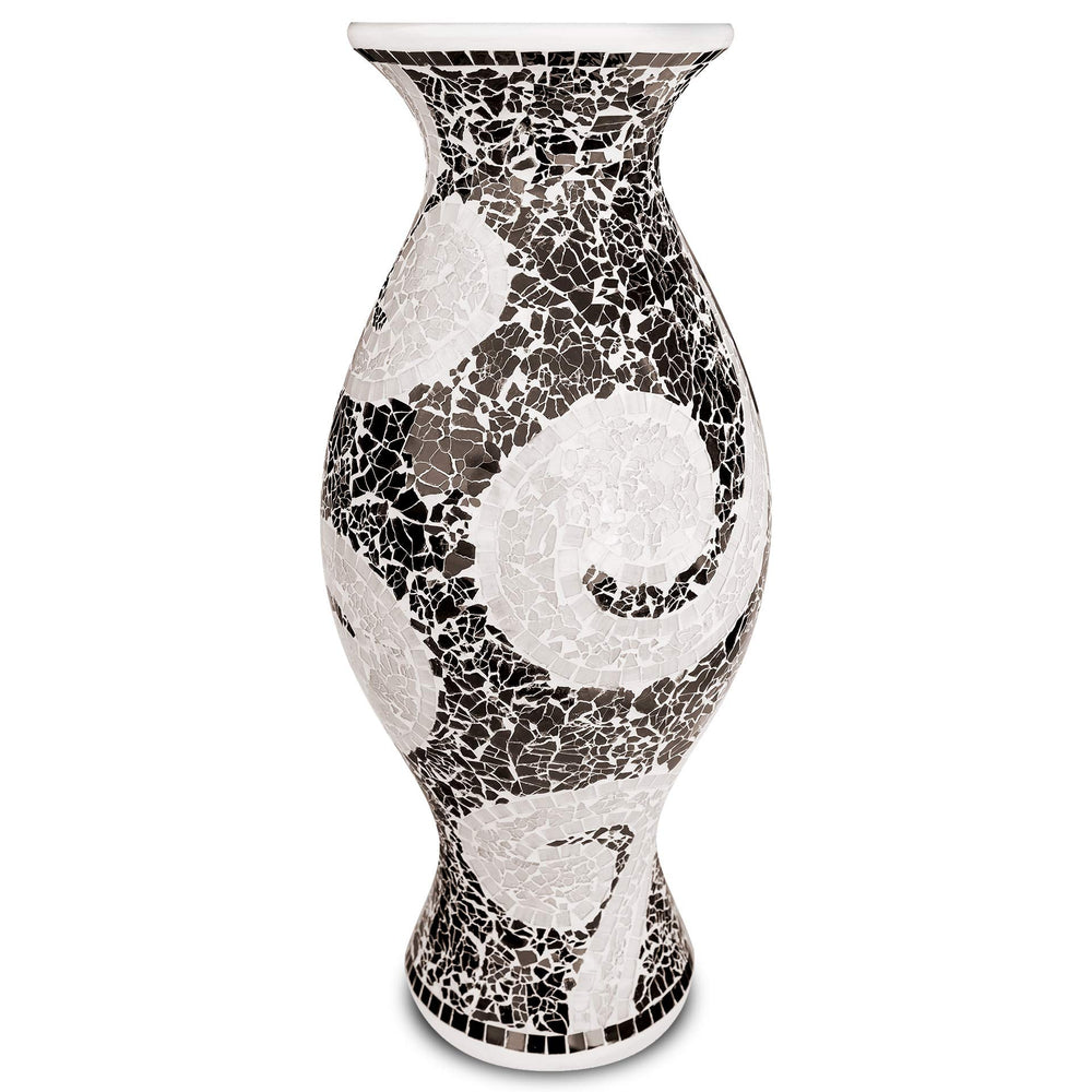 Tall Cylinder Terracotta Floor Vase – Black & White Mosaic
