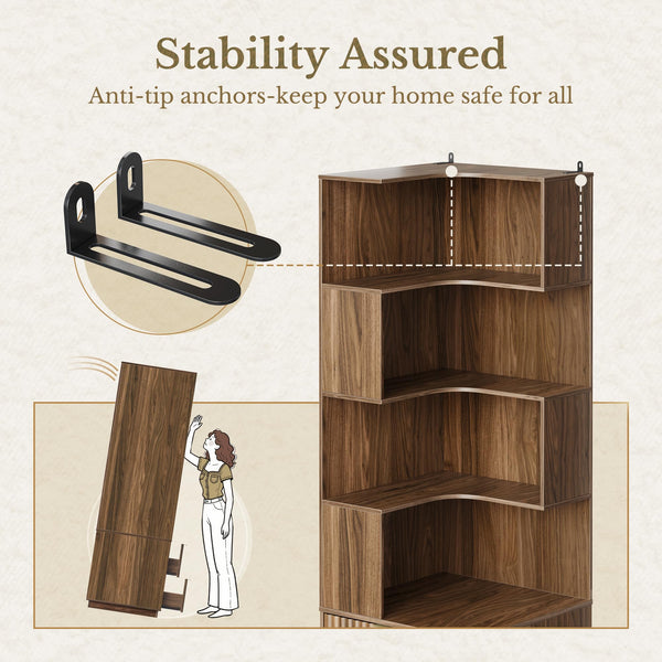 L-Shaped Corner Bookshelf with Drawers, 4-Tier, 71" Tall