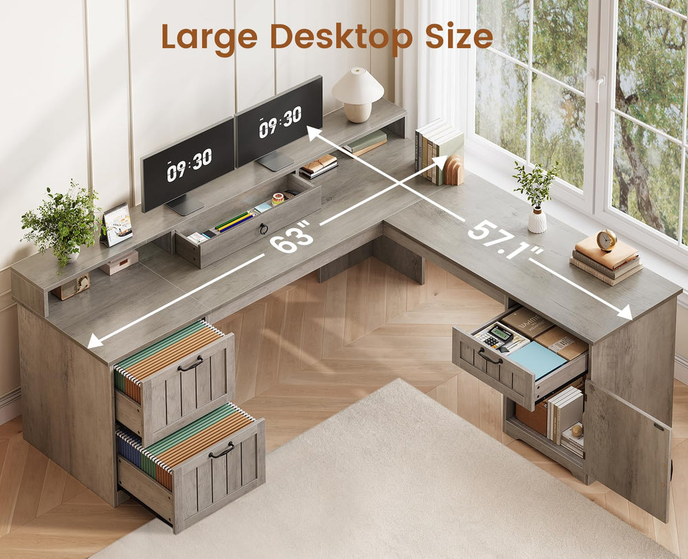 63" L-Shaped Desk with Drawers, Monitor Stand & Storage Cabinet