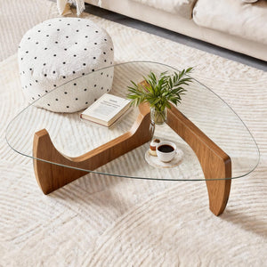 Triangle Glass Coffee Table with Wood Legs