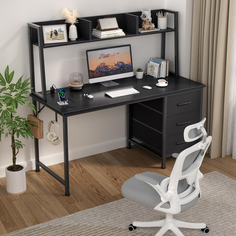 Computer Desk with Hutch & Drawers – 47 Inch, Power Outlets, 3 Storage Drawers