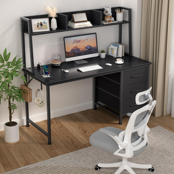 Computer Desk with Hutch & Drawers – 47 Inch, Power Outlets, 3 Storage Drawers