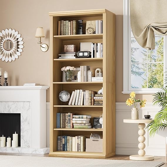 6-Tier Tall Bookcase with Wide Shelves – 27.5" W Freestanding Bookshelf