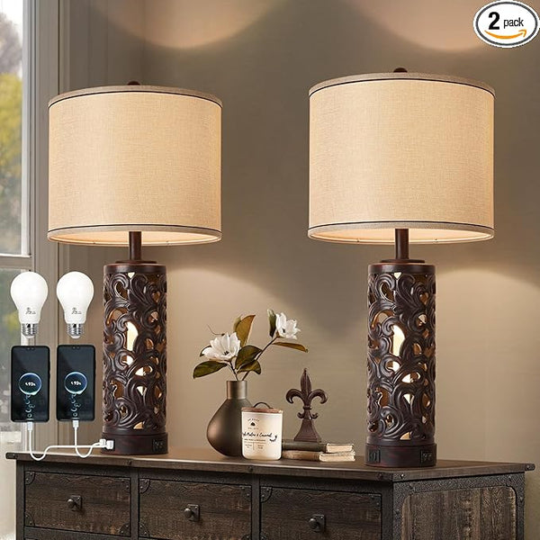 Farmhouse Table Lamps Set of 2 with USB Charging Ports