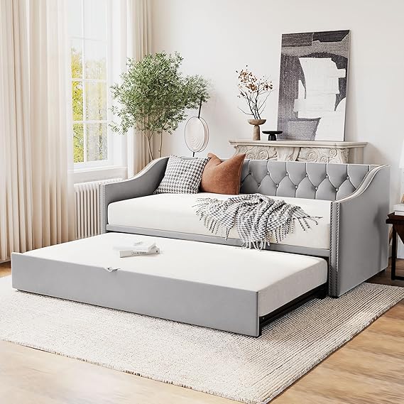 Twin Velvet Daybed with Pop-Up Trundle