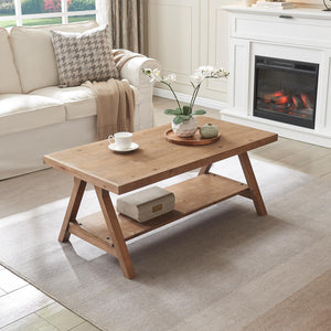 Rustic Farmhouse Coffee Table with 2-Tier Storage Shelf