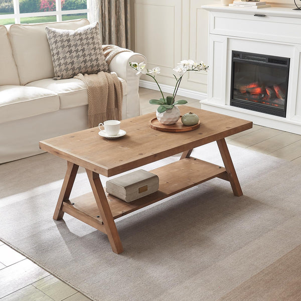 Rustic Farmhouse Coffee Table with 2-Tier Storage Shelf