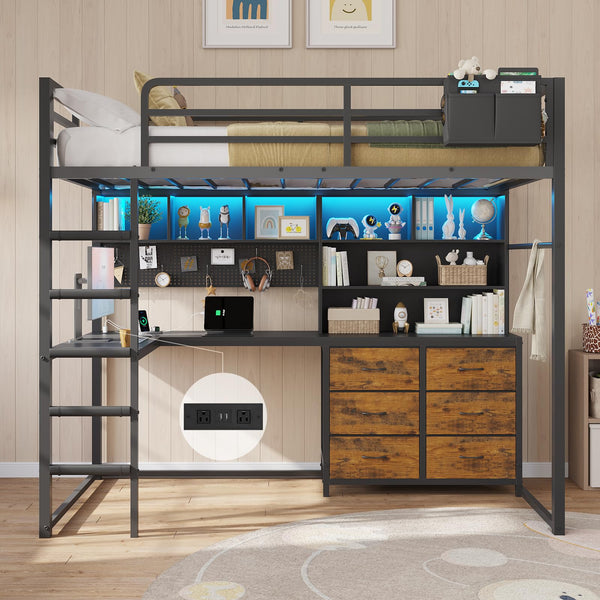 Twin Loft Bed with Desk, Storage & LED Lights