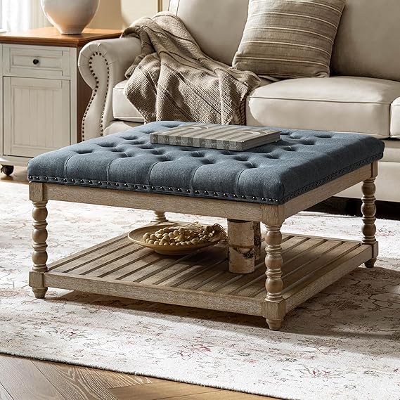 Upholstered Rectangular Ottoman with Spindle Legs & Storage Shelf