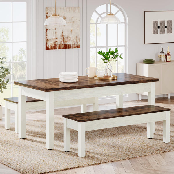 Farmhouse Dining Table Set with 2 Benches, Seats 4–6
