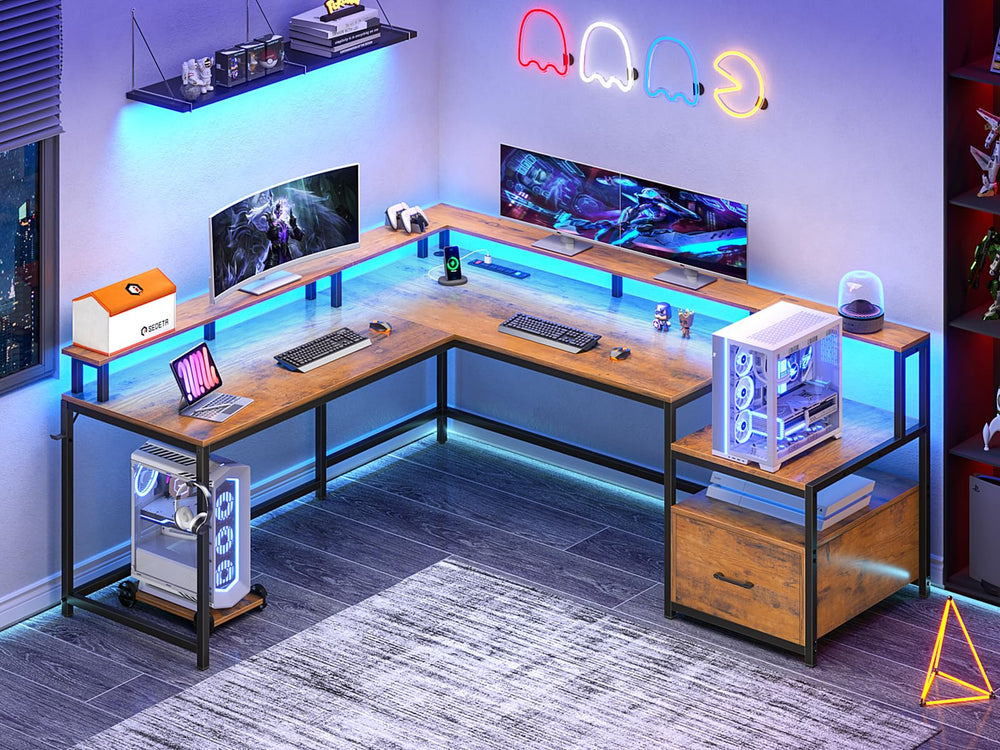 L-Shaped Corner Office Desk 66 Inch with File Drawer, LED Lights & Monitor Shelf