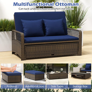 Outdoor Rattan Daybed Loveseat Set with Storage Ottoman & Cushions