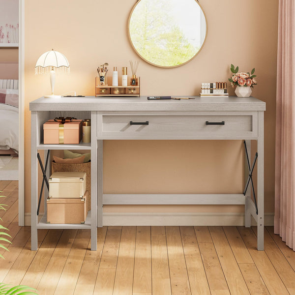 SEDETA Farmhouse Small Desk with Drawers, 40" Computer Desk with Storage Shelves, Writing Desk for Small Space and Power Outlet, Desk for Bedroom, Home Office, Mahogany Grey
