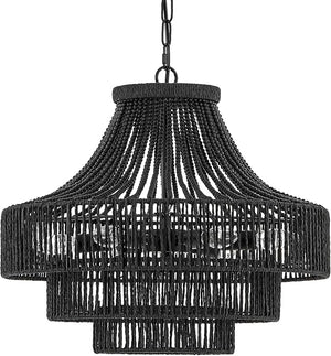 20" Boho Wood Beaded Rattan Chandelier Pendant Light, 6-Light