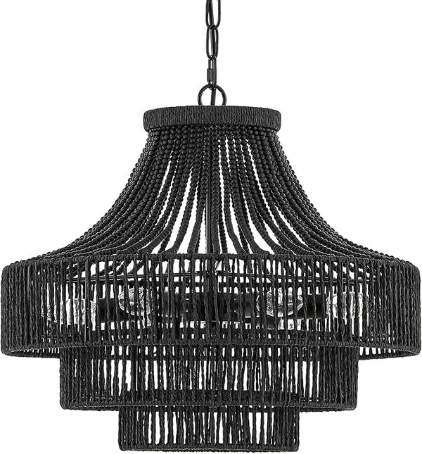 20" Boho Wood Beaded Rattan Chandelier Pendant Light, 6-Light