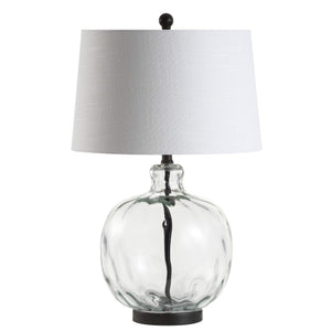 Clear Glass and Black Metal LED Table Lamp with White Linen Shade
