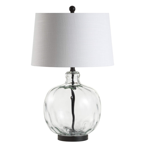 Clear Glass and Black Metal LED Table Lamp with White Linen Shade