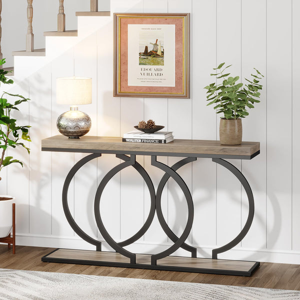 55-Inch Industrial Console Table with Geometric Metal Frame