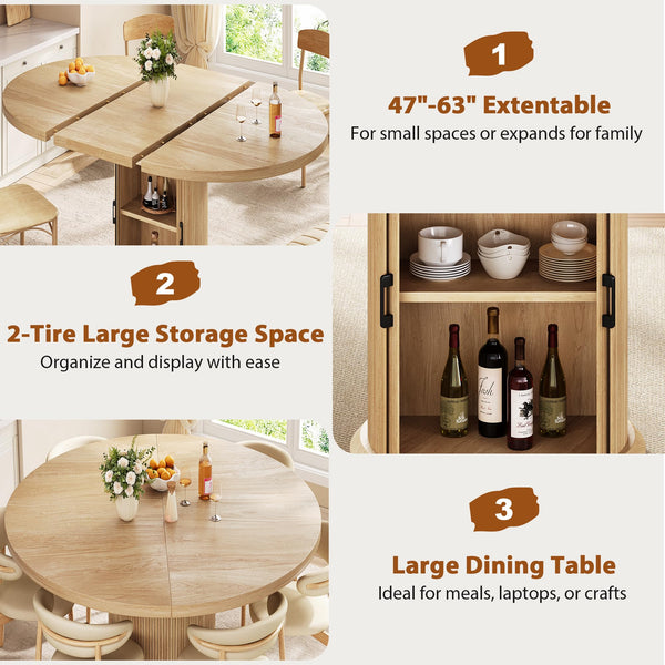 Extendable Round Dining Table with Storage Shelf