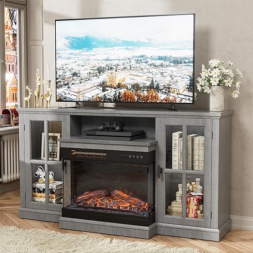 Fireplace TV Stand for 65" TV — 3-Sided Glass with Storage