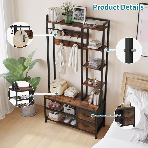 6-in-1 Hall Tree with Bench, Drawers & Shelves – Entryway Organizer