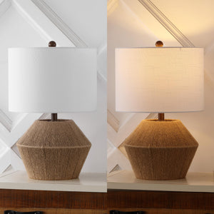 Brown Rope Coastal Rustic Table Lamp with White Linen Drum Shade