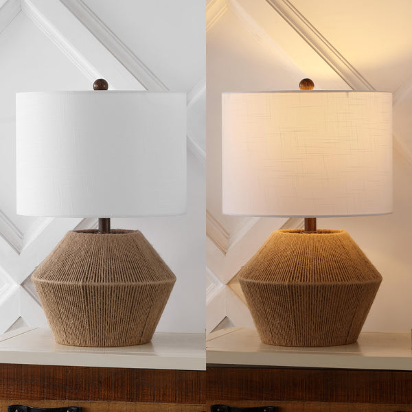 Brown Rope Coastal Rustic Table Lamp with White Linen Drum Shade
