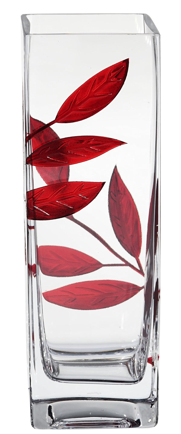 Hand-Blown Glass Square Vase with Red Leaf Decoration