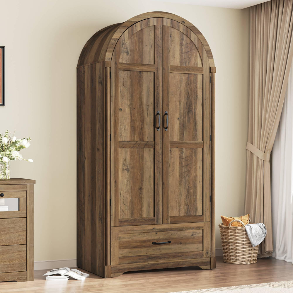 2-Door Arched Armoire Wardrobe with Mirror, Lights & Drawers