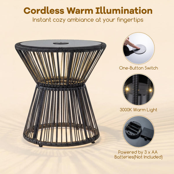 Wicker LED End Table with Tempered Glass Top