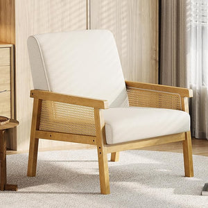 Rattan Arm Accent Chair, High Back PU Leather, Wooden Frame
