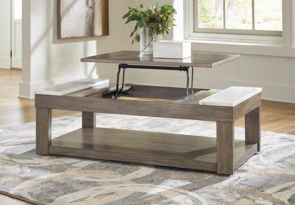 Lift-Top Coffee Table with Lower Shelf, Marble Accents & Casters