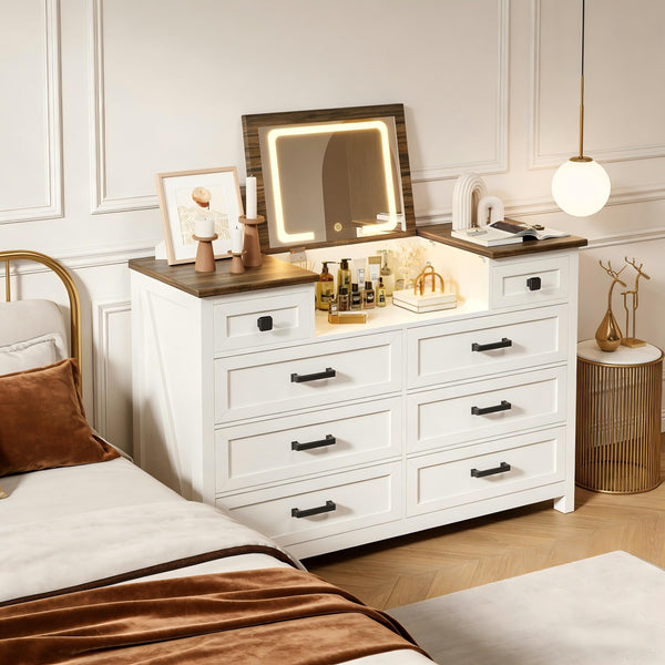8-Drawer Dresser with LED Mirror & Storage