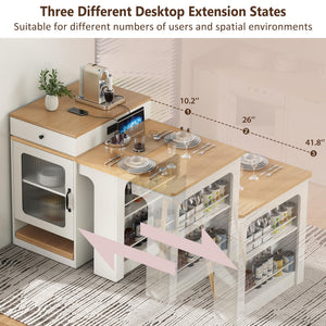 Trygoal Kitchen Island with Extendable Dining Table, 59.5" Rolling Kitchen Storage Table with Double-Sided Storage, Power Outlet and 2 Drawers, for Kitchen,Dining Room, White