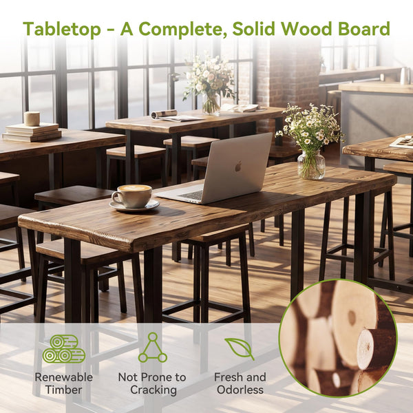 Solid Wood Bar Table with Metal Footrest – 63 Inch Counter Height Dining Table