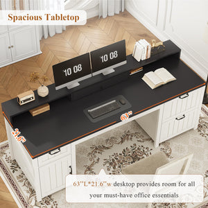 63-Inch Farmhouse Executive Desk with File Drawers, Monitor Stand & Storage Cabinet