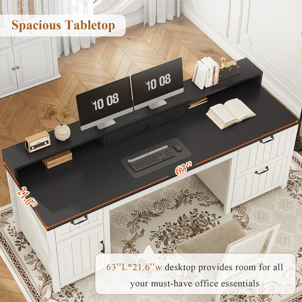63-Inch Farmhouse Executive Desk with File Drawers, Monitor Stand & Storage Cabinet