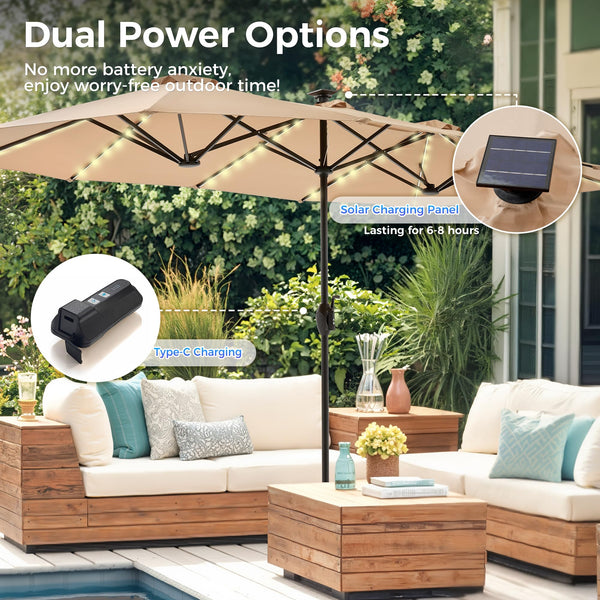 13ft Double-Sided Patio Umbrella with 120 LED Solar Lights & 12 Ribs