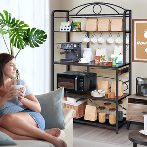 Large Bakers Rack for Kitchen, 40-inch Wide Coffee Bar Station with Power Outlet, 5 Tier Microwave Stand Storage Shelf with S-Shaped Hooks, Metal Frame with Brown Wood Tabletop