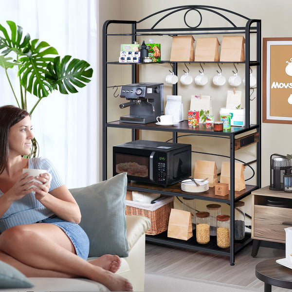 Large Bakers Rack for Kitchen, 40-inch Wide Coffee Bar Station with Power Outlet, 5 Tier Microwave Stand Storage Shelf with S-Shaped Hooks, Metal Frame with Brown Wood Tabletop