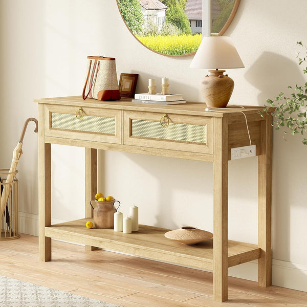 Rattan Console Table with Charging Station & 3 Drawers