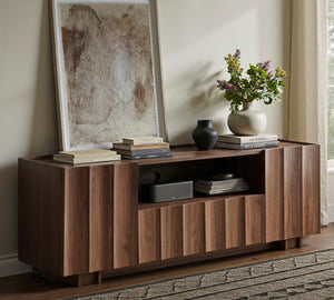 61" Mid-Century Modern TV Stand – Walnut Media Console with Wave Design