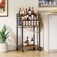 YATINEY Bar Cart, 3 Tier Home Bar Serving Cart with Wine Rack, Small Bar Cart with Wheels, Modern Rolling Beverage Cart, for Home Kitchen Small Spaces, Rustic Brown BC08BR