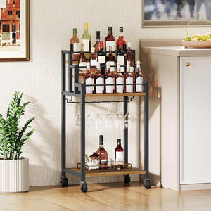 YATINEY Bar Cart, 3 Tier Home Bar Serving Cart with Wine Rack, Small Bar Cart with Wheels, Modern Rolling Beverage Cart, for Home Kitchen Small Spaces, Rustic Brown BC08BR
