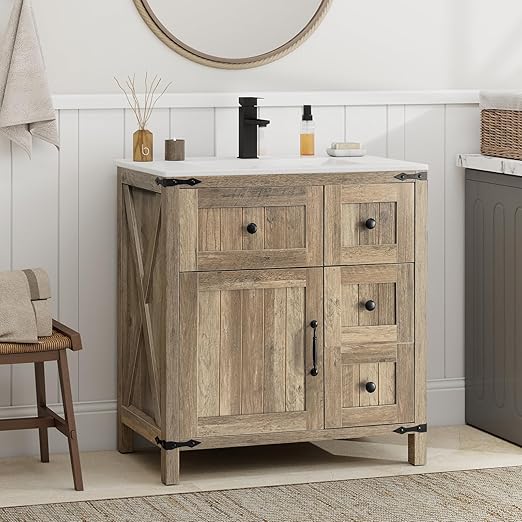 Farmhouse Bathroom Vanity with Sink – Rustic Brown Cabinet, Ceramic Undermount Sink, Faucet & Drain
