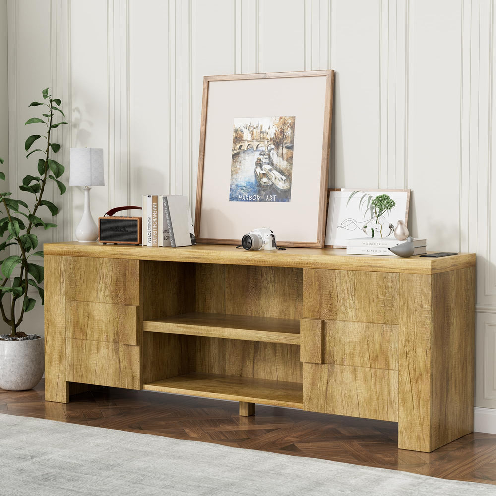70-Inch Farmhouse TV Stand with Power Outlets & Storage Cabinets